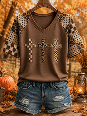 Women's Autumn Cross Christian V-Neck T-Shirts