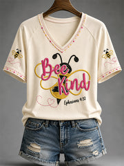 Women's Christian Kind Words Are Like Honey Print Casual V-Neck Tee