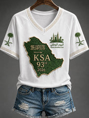Women's Saudi National Day V-neck off-shoulder short-sleeved T-shirt