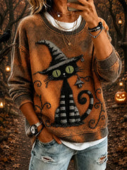 Women's Halloween Cat Art Print Sweatshirt