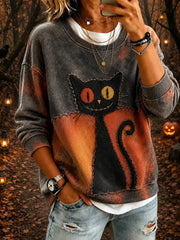 Women's Halloween Cat Art Print Sweatshirt