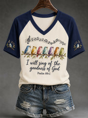 Women's I Will Sing Of The Goodness Of God Birds Print Casual V-Neck Tee