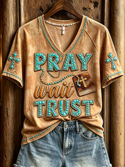 Women's Western Pray Wait Trust Print V-neck Short-sleeved T-shirt