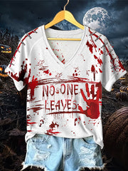 Women's Funny Bloodstained Print V-neck off-shoulder short-sleeved T-shirt
