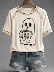 Women's Is He Dead Yet? Dark Humor Ghost Print Tee
