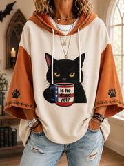 Women’s Is He Dead Yet? Funny Dark Humor Black Cat Print 3/4 Sleeve Hoodie
