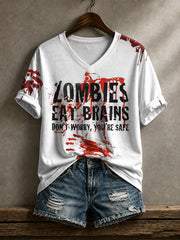 Women's Funny Halloween Zombies Eat Brain Don't Worry You're Safe Printed T-shirt