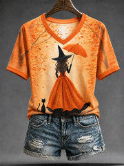 Women's Halloween Witch Black Cat Art Short Sleeve T-shirt