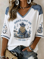 Women's Vintage Classic Country Music Inspired Western Print Memorial Mid-length Sleeves V-Neck T-Shirt
