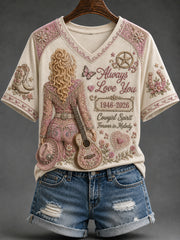 Women's Classic Country Music Inspired Glitter Print Memorial T-shirt