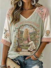 Women's Country Music Legend Tribute Casual Memorial Mid-length Sleeves V-Neck T-Shirt