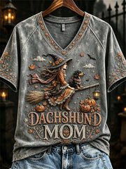Women's Halloween Fall Dachshund Mom Witch & Dog Print short-sleeved T-shirt