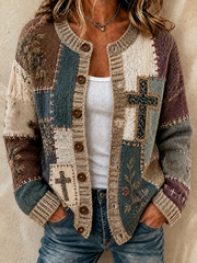 Women's Patchwork-style faith print Cardigan-Style Knit Jacket