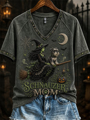 Women's Halloween Bad Witch Schnauzer Mom Print short-sleeved T-shirt