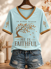 Women's God Is Faithful In Every Season Fall Pumpkin Cross Print Casual V-Neck Tee