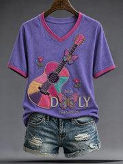 Women's Country Music Lover Floral Butterfly Art Printed T-shirt