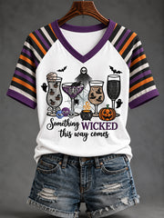Women's Funny Halloween Something Wicked This Way Comes Wine Glass Stripes Print Casual V-Neck Tee
