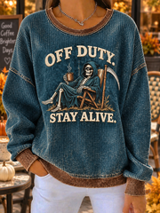 Women's Vintage Off-Duty Grim Reaper Coffee Ribbed Round-Neck Sweatshirt