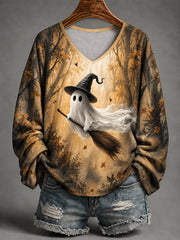 Women's Halloween Cute Ghost Drive Broom Print Casual Long-Sleeve V-Neck T-Shirt