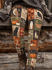 Women's Halloween Pumpkin Ghost Crow Cat Art Print Leggings