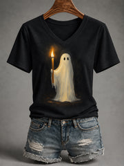 Women's Halloween Cute Ghost Hold Candle Print Casual V-Neck Tee