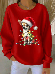 Women's Chihuahua Christmas Ribbed Round-Neck Sweatshirt