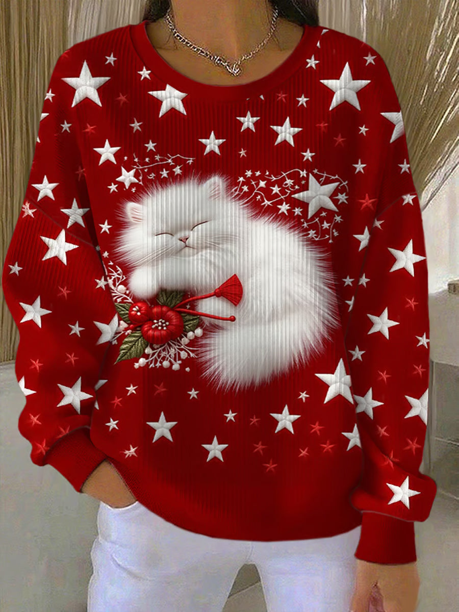 Women's Christmas Cute Sleeping Cat Stars Art  Ribbed Round-Neck Sweatshirt