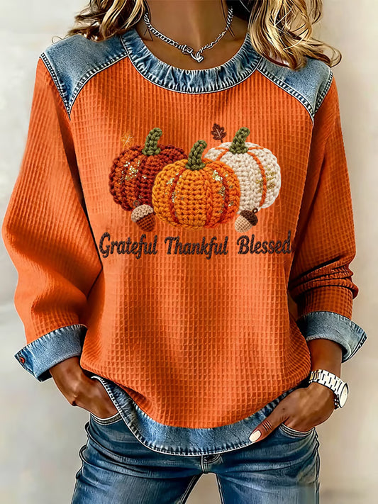 Women's Thanksgiving Pumpkin Thankful Grateful Blessed Printed Denim Patchwork Waffle Top