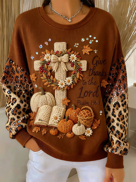 Women's Thanksgiving Give Thanks To The Lord Cross Ribbed Round-Neck Sweatshirt