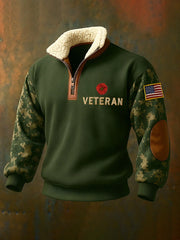 Men's Lest We Forget Veteran USA Flag Camouflage Print Casual Fur Collar Sweatshirt