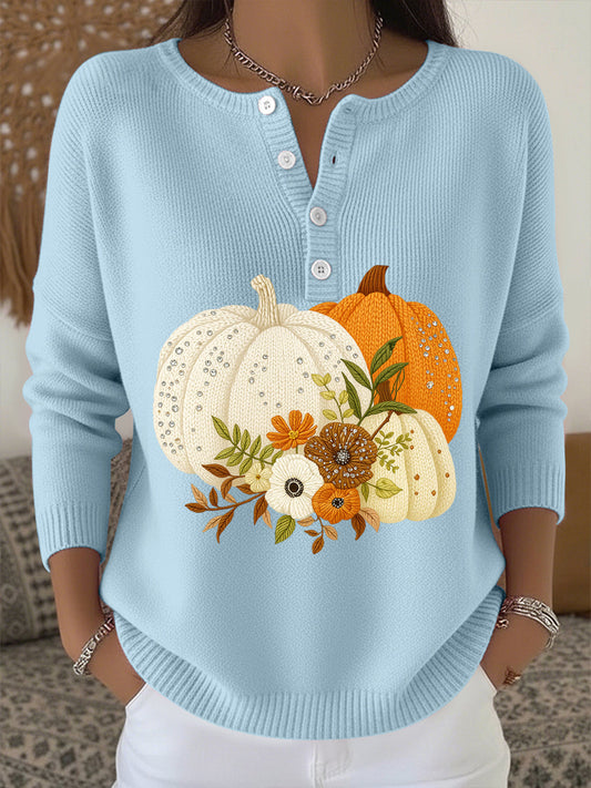 Women's Thanksgiving Pumpkin Floral Pattern Cozy Knit Sweater