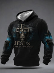 Men's Jesus The Way The Truth The Life Lion Print Casual Checkered Hoodie