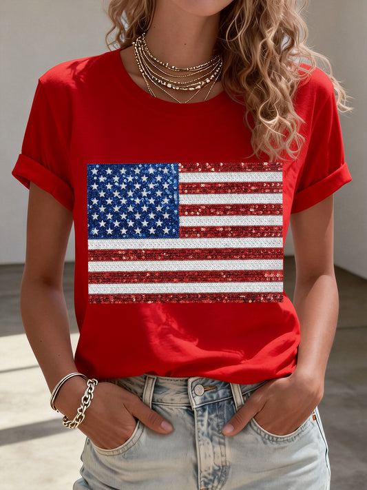 Women's Sequined American Flag Pattern T-Shirt