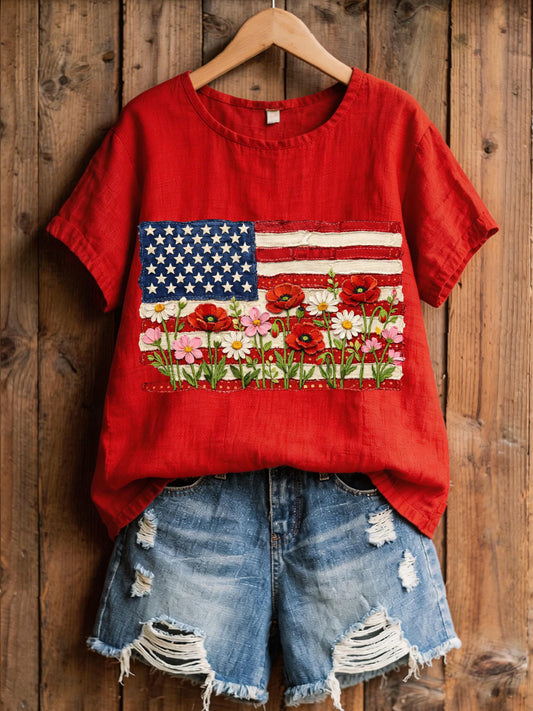 Women's American Flag Patchwork Pattern Linen Blend Shirt