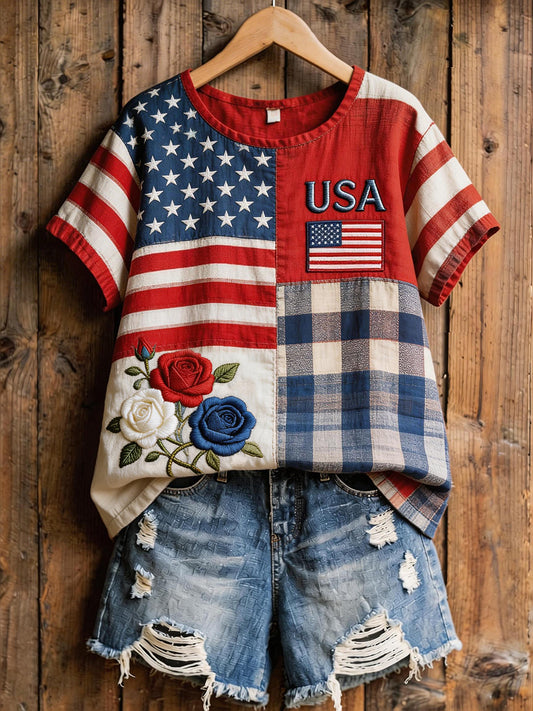 Women's USA Embroidery Pattern Patchwork Art Linen Blend Shirt