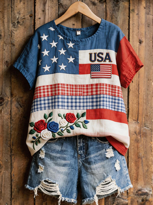 Women's USA Embroidery Pattern Patchwork Art Linen Blend Shirt