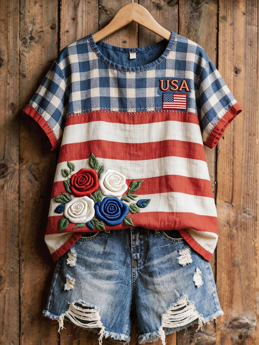 Women's USA Embroidery Pattern Patchwork Art Linen Blend Shirt