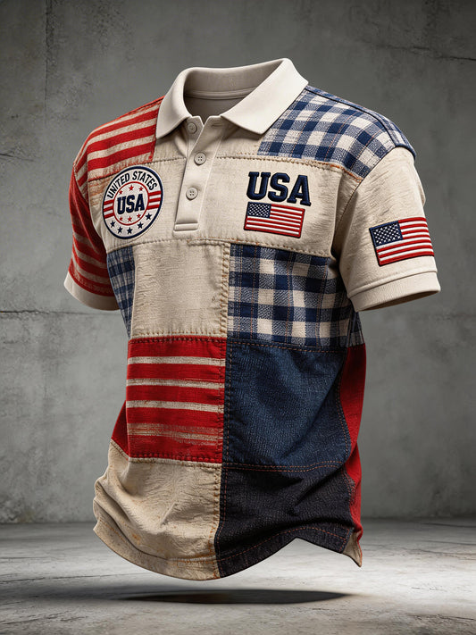 Men's USA Embroidery Pattern Patchwork Art Polo Shirt