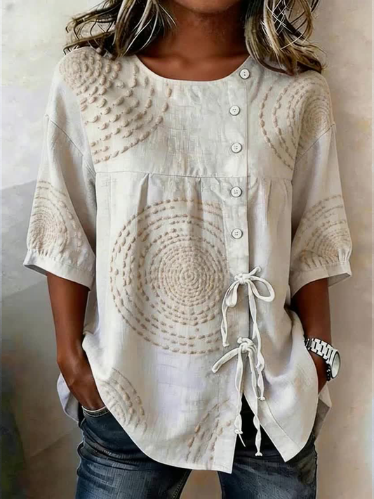 Women's Geometric Pattern Buttoned And Laced Linen Blend Shirt