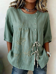 Women's Plants And Flowers Buttoned And Laced Linen Blend Shirt