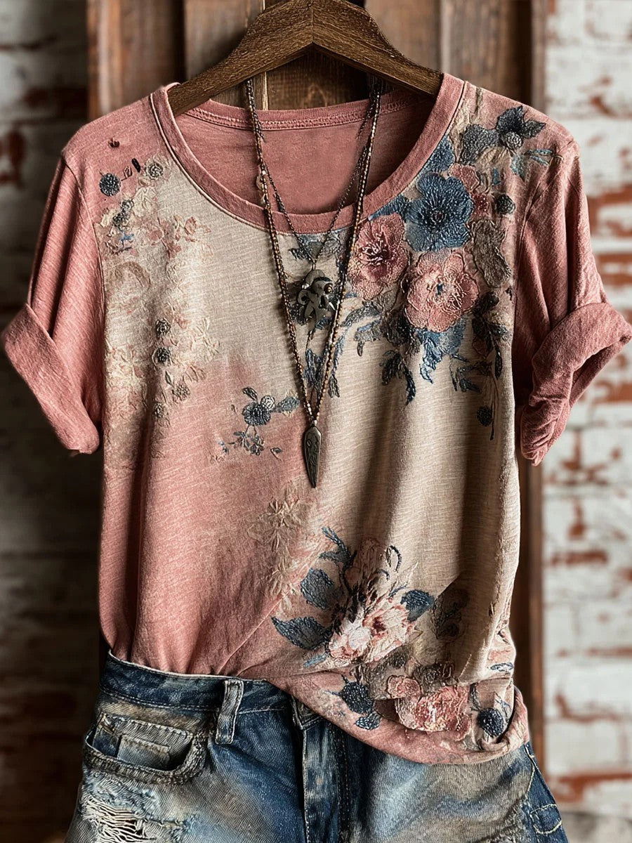 Women's Vintage Floral Art Print Casual Short Sleeve T-shirt