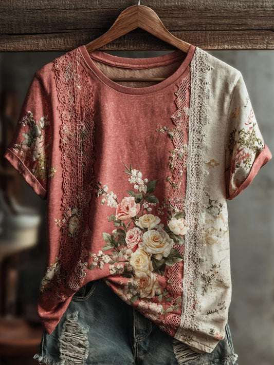 Women's Vintage Floral Art Print Casual Short Sleeve T-shirt