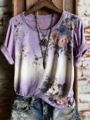Women's Vintage Floral Art Print Casual Short Sleeve T-shirt