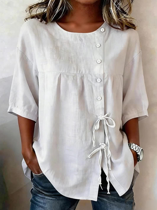 Women's Buttoned And Laced Linen Blend Shirt