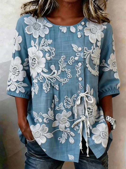 Women's Plants And Flowers Buttoned And Laced Linen Blend Shirt