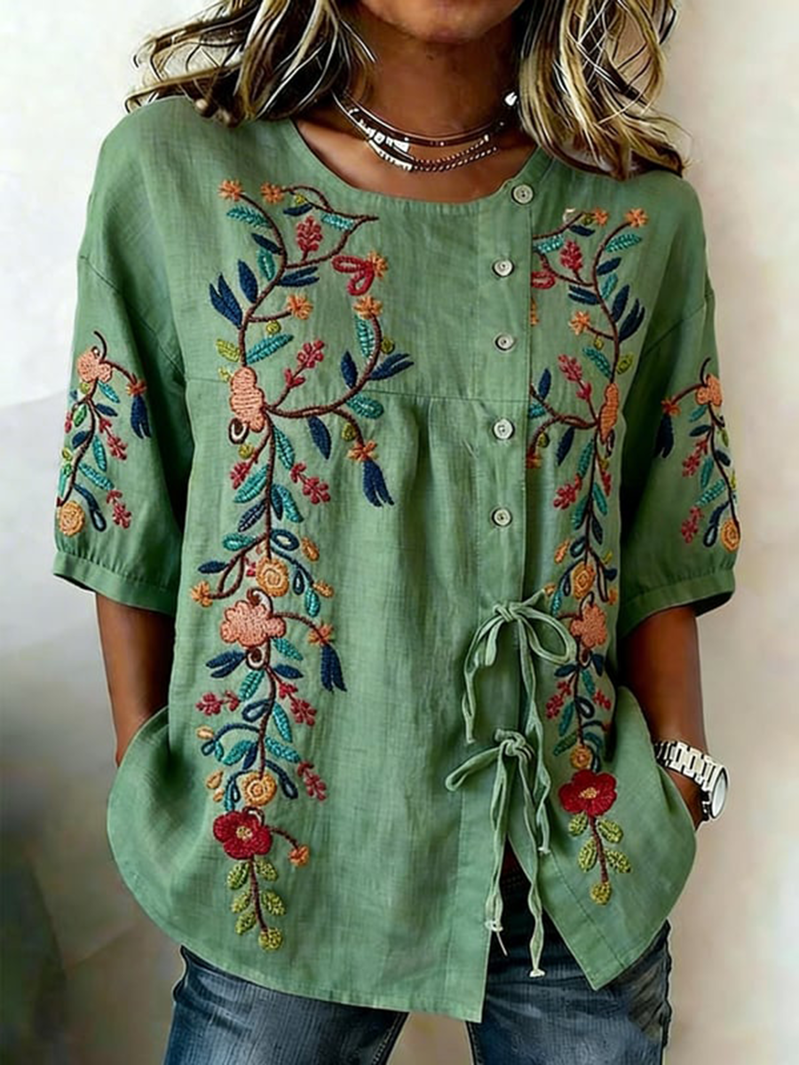 Women's Plants And Flowers Buttoned And Laced Linen Blend Shirt