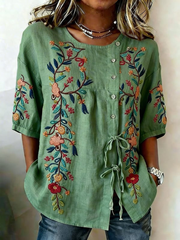 Women's Plants And Flowers Buttoned And Laced Linen Blend Shirt