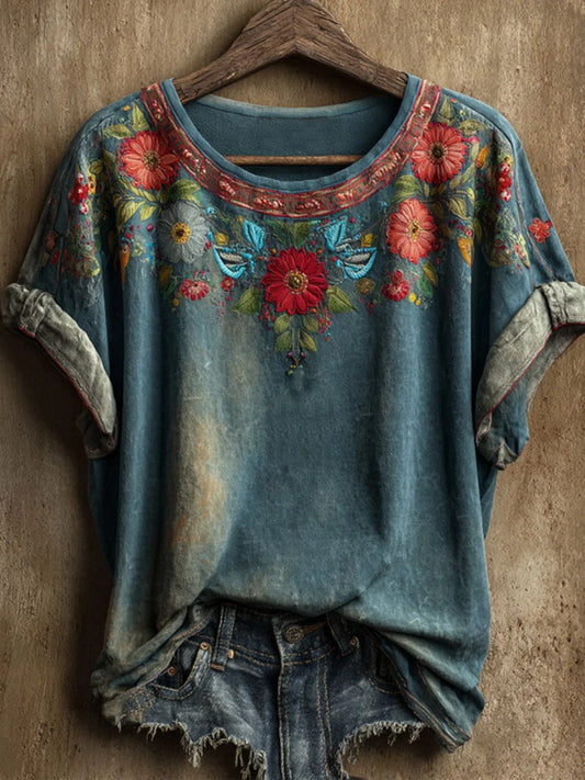 Women's Vintage Floral Art Print Casual Short Sleeve T-shirt