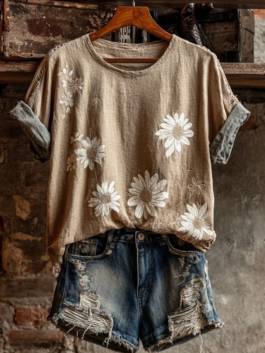 Women's Vintage Floral Art Print Casual Short Sleeve T-shirt