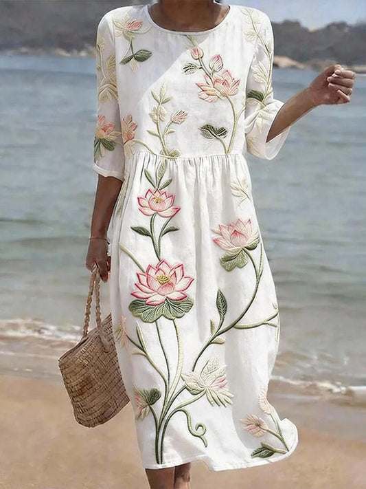 Women's Floral Pattern Linen Blend Dress
